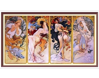 Patrón de punto de cruz vintage contado PDF - Estaciones - Alphonse Mucha 1897 - Puntos de cruz completos