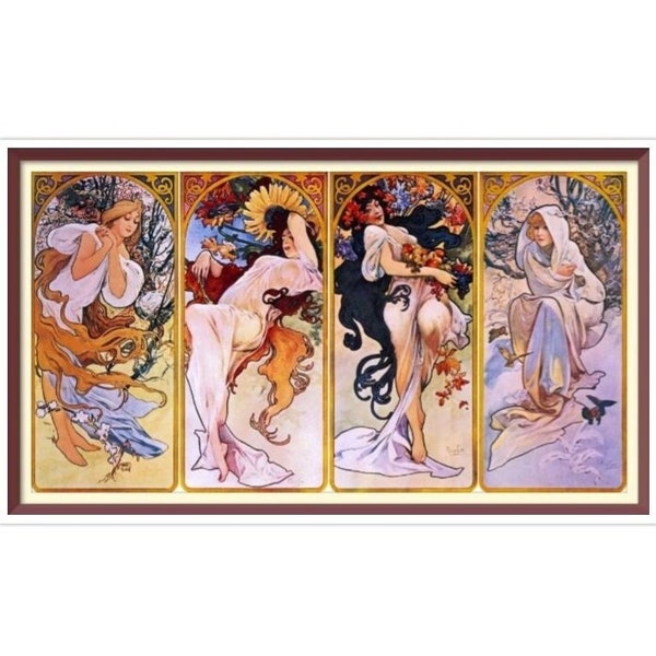 PDF Counted Vintage Cross Stitch Pattern - Seasons - Alphonse Mucha 1897 - Full Cross Stitches