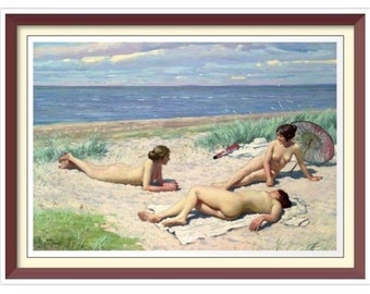 Patrón de punto de cruz vintage «Chicas en la playa» de Paul Fischer (PDF)