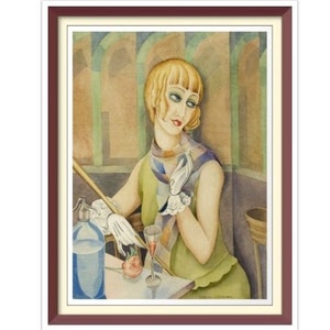 May include: A watercolor painting of a woman with short blonde hair wearing a green dress and a patterned scarf. She is sitting at a table with a glass of wine and a bottle of liquor. The background is a muted green and brown.