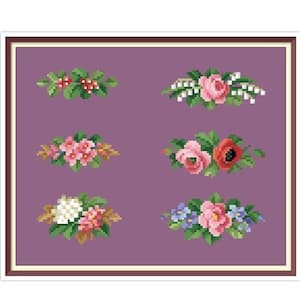 May include: Six embroidered floral arrangements on a purple background. The arrangements feature pink, red, white, and green flowers.