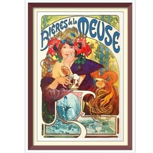 May include: A vintage poster advertising "Bières de la Meuse" beer. The poster features a woman in a colorful floral crown, holding a glass of beer. The text "Bières de la Meuse" is written in a decorative font.