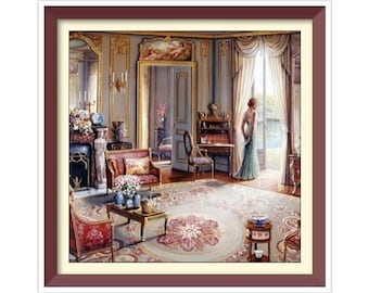 Living Room - Cross Stitch Pattern - PDF Counted Vintage  Full Cross Stitches - 4 Sizes