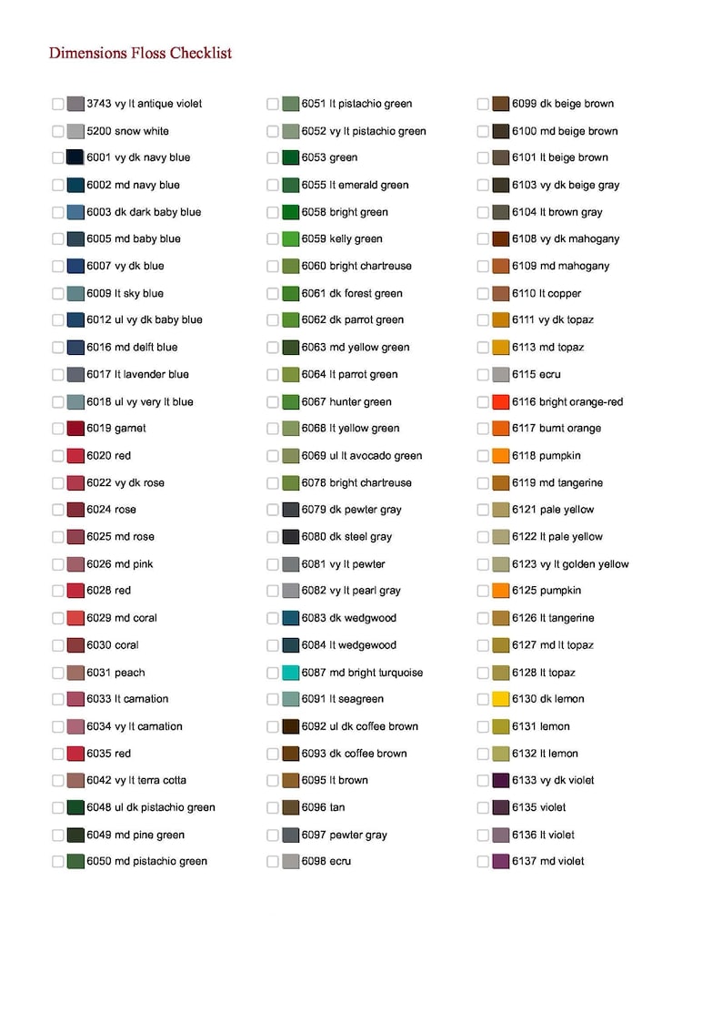 Dimensions thread list by color number name cross stitch chart