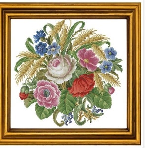 May include: A framed cross-stitch embroidery featuring a bouquet of flowers in shades of pink, red, white, and blue. The bouquet includes roses, poppies, and wheat stalks.