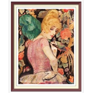 May include: A painting of a woman with blonde hair wearing a pink dress and a green feathered hat. The background is a dark floral pattern with red, green, and yellow flowers.