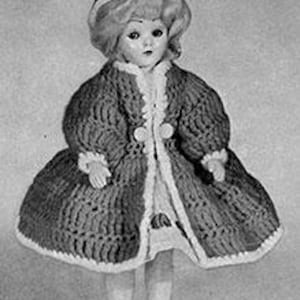 May include: A crocheted doll coat and hat set in pink and white with a white pom-pom on the hat.