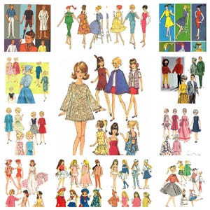Könnte beinhalten: Eine Collage von Vintage-Modeillustrationen mit verschiedenen Outfits für Puppen und Figuren. Die Designs umfassen Kleider, Mäntel und Ensembles im Retro-Stil, mit einem Fokus auf die 1960er Jahre. Die Farbpalette umfasst Pastelltöne und lebendige Farben.