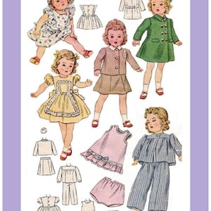 Peut inclure: Patrons de vêtements pour poupées en papier vintage. L'image présente plusieurs tenues, dont des robes, un manteau et un pyjama. Les illustrations sont dans des couleurs douces comme le jaune, le rose et le vert, avec des dessins détaillés.