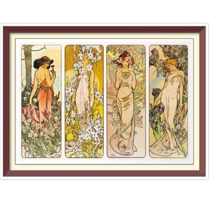 May include: A framed print of four women in flowing dresses, each surrounded by flowers. The women represent the four seasons: Spring, Summer, Autumn, and Winter. The print is in the Art Nouveau style.