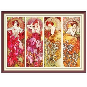 The Precious Stones (Ruby, Emerald, Amethyst, Topaz) - PDF Counted Vintage Cross Stitch Pattern - Alphonse Mucha 1900 - Full Cross Stitches