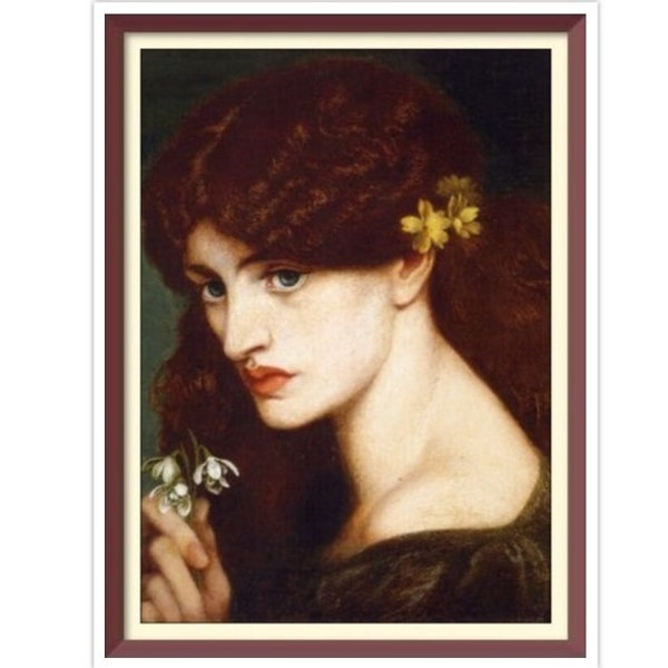 PDF Counted Vintage Cross Stitch Pattern -  Blanzifiore or Snowdrops - Dante Gabriel Rossetti 1873 - Full Cross Stitches - 4 Sizes