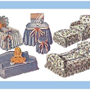 May include: A collection of vintage doll furniture, including a crib, vanity, sofa, armchair with ottoman, and a bed. The furniture is primarily blue and white, with floral patterns and decorative bows.