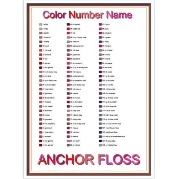 Anchor Thread List by Color, Number, Name - Cross Stitch Chart - Anchor Thread Charts - Inventory - Organizing - A4 & Letter - PDF