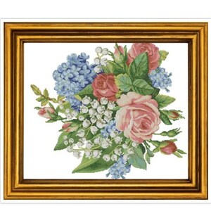 May include: A framed cross-stitch embroidery featuring a bouquet of pink and red roses, white lily of the valley, and blue forget-me-nots.