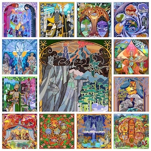 Könnte beinhalten: Eine Sammlung von zwölf Kunstdrucken im Stil von Glasmalereien. Jedes Quadrat zeigt eine andere Szene mit leuchtenden Farben und komplizierten Details. Die Kunstwerke zeigen Fantasy-Szenen mit Figuren, Landschaften und architektonischen Elementen.