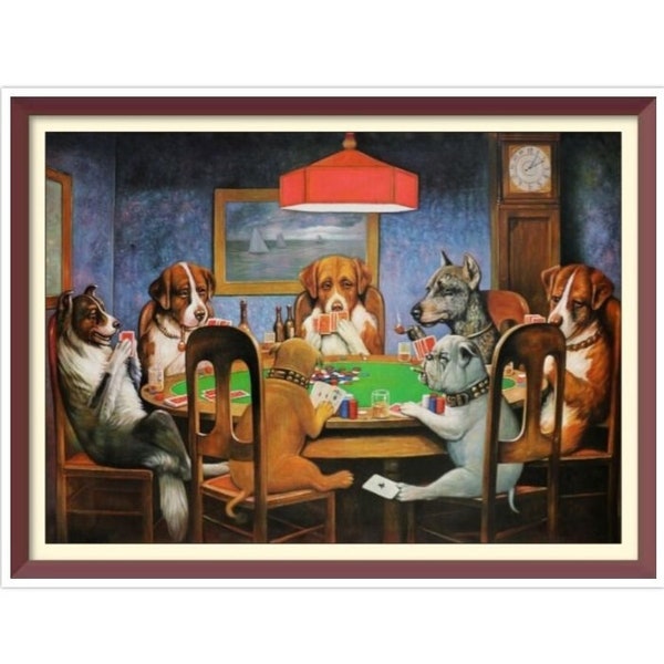 PDF Counted Vintage Cross Stitch Pattern - Dogs Playing Poker - Cassius Marcellus Coolidge 1903 - Full Cross Stitches - 3 Sizes