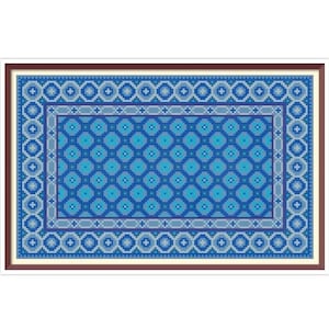Op de afbeelding: Een blauw en wit gestreept tapijt met een geometrisch ontwerp. Het tapijt heeft een rand met een herhalend patroon van cirkels en vierkanten.