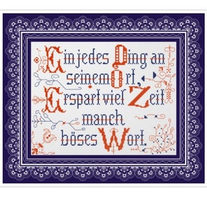 Slogan Cross Stitch Pattern Household Mottos Vintage Sampler PDF Counted - German Household Items - Reproduction of 19th century