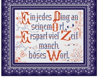 Slogan Cross Stitch Pattern Household Mottos Vintage Sampler PDF Counted - German Household Items - Reproduction of 19th century