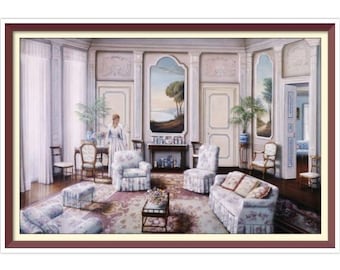 Living Room - Cross Stitch Pattern - PDF Counted Vintage  Full Cross Stitches - 4 Sizes