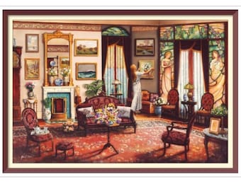 Living Room - Cross Stitch Pattern - PDF Counted Vintage  Full Cross Stitches - 4 Sizes