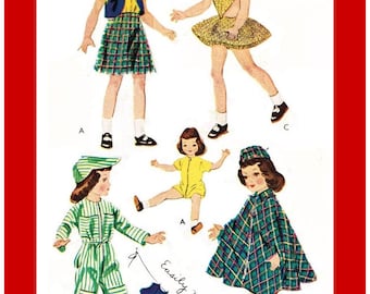 May include: Vintage illustration of children's clothing designs. The image features several outfits, including a plaid skirt and vest, a yellow dress, a green jumpsuit, and a plaid cape. The text "Easily made" is also present.