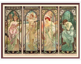 Modèle PDF de point de croix vintage compté - Quatre moments de la journée - Alphonse Mucha 1899 - Points de croix complets