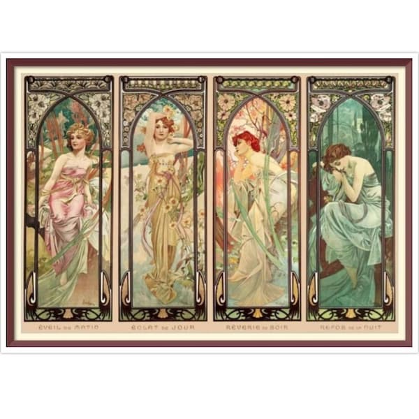 PDF Counted Vintage Cross Stitch Pattern - Four Times of the Day - Alphonse Mucha 1899 - Full Cross Stitches