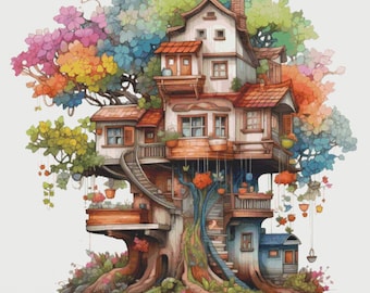 TreeHouse Cross Stitch Pattern PDF Counted House Village - Fabulous Fantastic Magical Cottage - Cottage in Garden - 5 Sizes