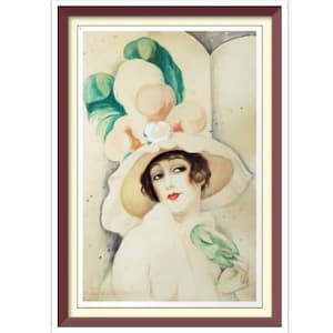 May include: A watercolor painting of a woman wearing a large white hat with pink and green flowers and feathers. She is wearing a white coat and holding a green bird in her hand.