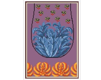 May include: A purple and blue tapestry with a floral design. The tapestry features a blue floral motif in the center, surrounded by a pattern of red berries and green leaves. The bottom of the tapestry has a border of orange and yellow floral motifs.