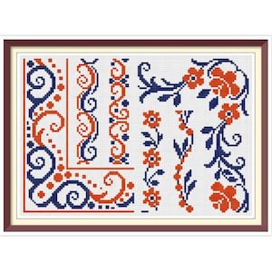 Könnte beinhalten: Ein Set mit Stickmustern für Kreuzstich mit floralen und geschwungenen Designs in Orange, Blau und Weiß.