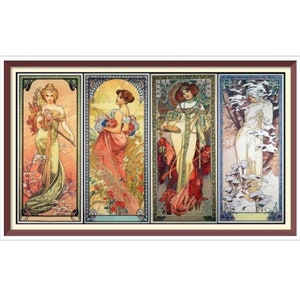 PDF Counted Vintage Cross Stitch Pattern - Seasons - Alphonse Mucha 1890s - Full Cross Stitches