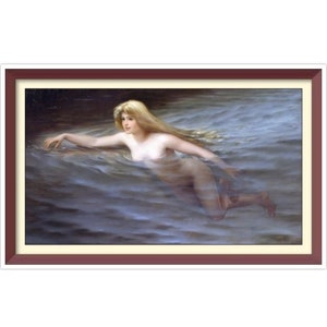 Puede incluir: Una pintura de una mujer con el pelo largo y rubio nadando en un cuerpo de agua. La mujer está desnuda y su cuerpo está parcialmente sumergido en el agua. El agua es de color azul claro y el fondo es de color azul oscuro.