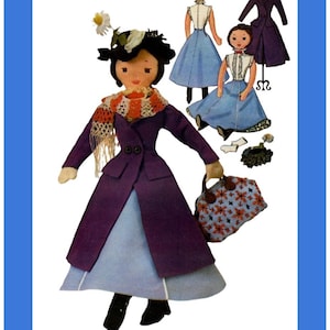 May include: A fabric doll wearing a purple coat, light blue dress, and a patterned scarf. The doll carries a floral handbag and wears a hat with a daisy. Additional images show dress patterns and a coat on a mannequin.