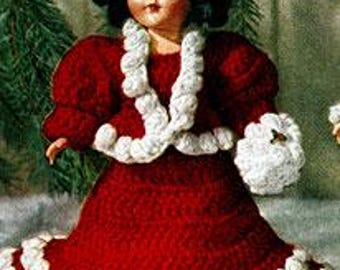 Patrón de disfraz de muñeca vintage de crochet: Vestido navideño para muñeca Mary (Descarga PDF)
