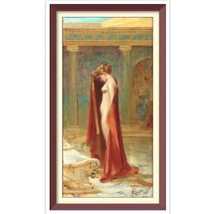May include: A painting of a woman standing in a room with a red drape. She is nude and has her hair pulled back. The room is decorated with gold and green accents.