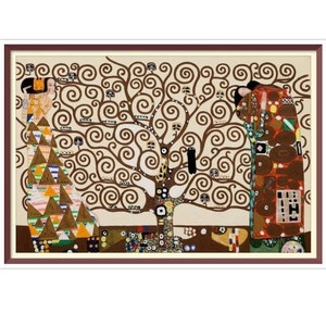 Può includere: Un dipinto che raffigura due figure in piedi ai lati di un albero stilizzato con rami a spirale. Le figure sono vestite con motivi geometrici colorati. Lo sfondo è beige chiaro.