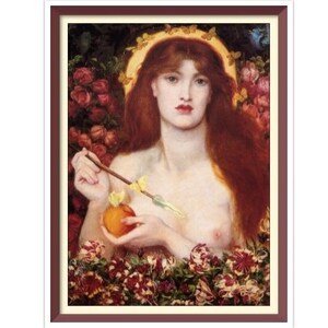 Könnte beinhalten: Ein Gemälde einer Frau mit langen roten Haaren, die eine Blumenkrone trägt. Sie hält eine Frucht und einen kleinen Pfeil. Der Hintergrund ist ein üppiger Garten mit Blumen.