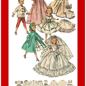 May include: Vintage illustration of paper dolls in various outfits, including a wedding dress, coat, and dresses. The dolls are in a red-bordered frame, with a white background. The outfits are in shades of pink, green, and white.
