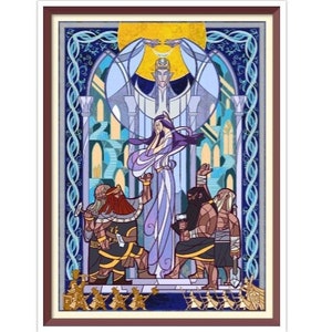 May include: A stained glass style illustration of a woman in a purple dress being lifted by a figure in a blue robe. The woman is surrounded by three figures in brown and black robes. The background is a blue and white cityscape with a yellow moon.