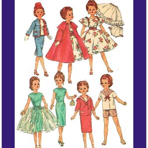 Puede incluir: Ilustración vintage de moda de muñecas de papel. La imagen muestra siete muñecas con varios atuendos, incluyendo vestidos, trajes y un conjunto de inspiración marinera. La paleta de colores incluye rojo, azul, verde y blanco, con diseños florales y estampados. Las muñecas posan en un estilo clásico.