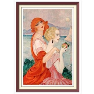 May include: Two women in a painting, one in a red dress and the other in a pink dress, stand by the sea. The woman in the red dress has red hair and is holding the other woman's shoulder. The woman in the pink dress has blonde hair and is holding a red apple.