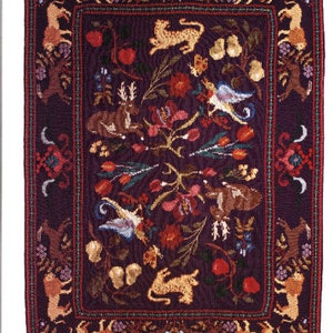 May include: A dark purple tapestry with a central design of stylised flowers, leaves, and animals. The border features a repeating pattern of lions, deer, and birds.
