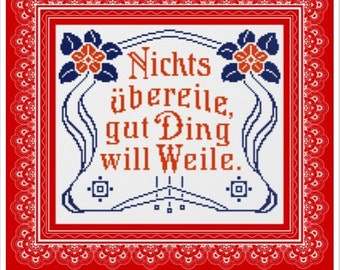 Slogan Cross Stitch Pattern Traditional German Maxims Vintage Sampler PDF Counted German Household Items Reproduction of 19th century