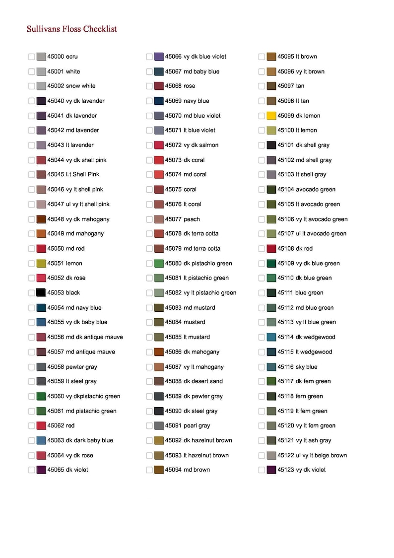 Sullivans Thread List by Color, Number, Name Cross Stitch Chart Sullivans Thread Charts