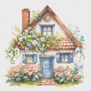 Könnte beinhalten: Ein kleines, weißes Häuschen mit einem roten Backsteinkamin und einer blauen Tür. Das Häuschen ist mit grünen Ranken und rosa und blauen Blumen bedeckt. Das Dach ist aus roten Ziegeln.