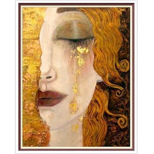 以下が含まれることがあります： 金色の涙が頬を伝う女性の顔を描いた絵画。目は閉じられており、唇は濃い赤色に塗られている。背景は金色と茶色の混合色である。