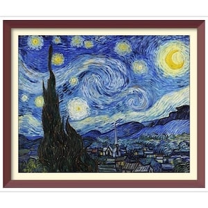 Noche Estrellada. Patrón de punto de cruz. Vincent Van Gogh, 1889. PDF vintage contado. Punto de cruz completo. 5 tamaños.